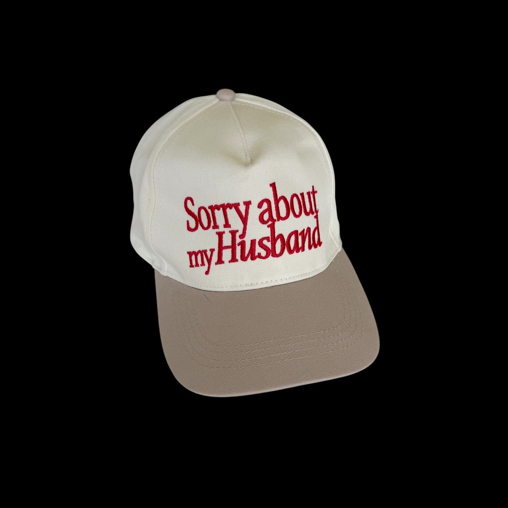 David and Young Sorry About My Husband Snapback Hat Cream Tan Red Embroidery